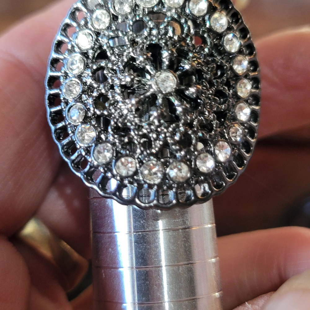 Silver and Black Rhinestone Adjustable Ring